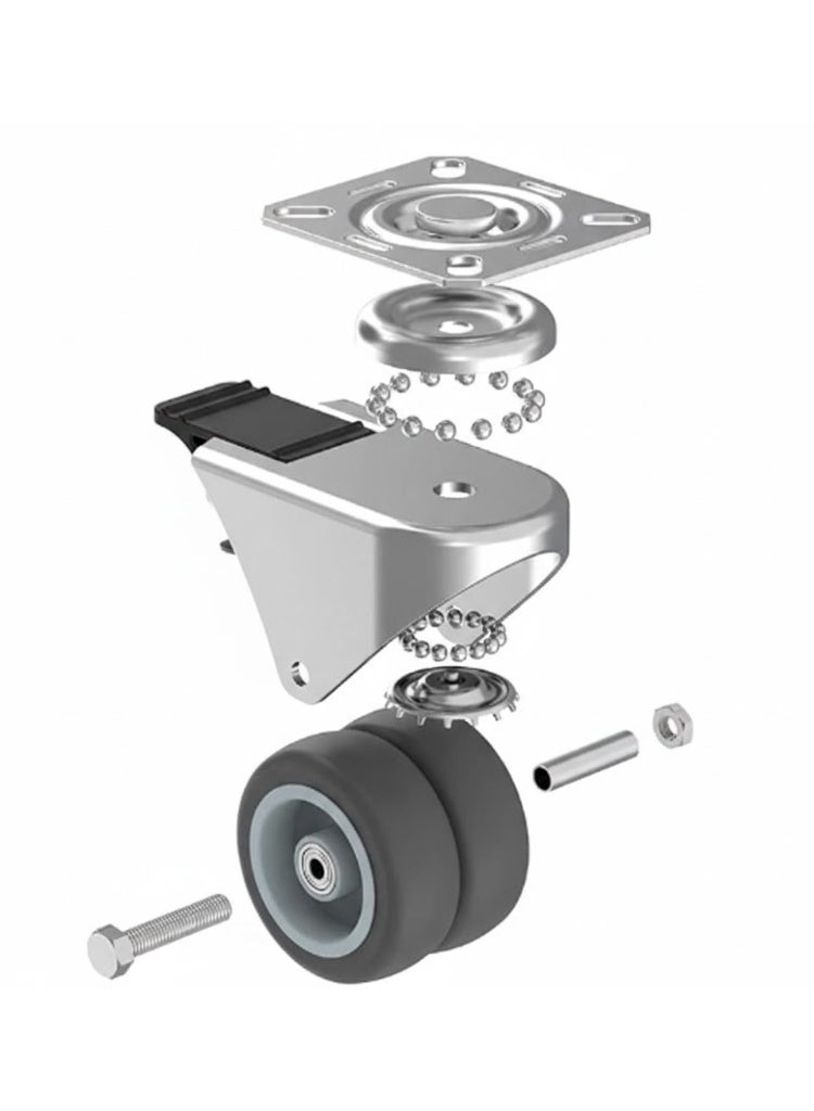 2" Heavy Duty Caster Wheels with 2 Brakes + Screws - up to 880Lbs - Set of 4 No Floor Marks Silent Castor for Furniture - Rubbered Trolley or Pallet Swivel Wheels - Silver Casters - Image 3